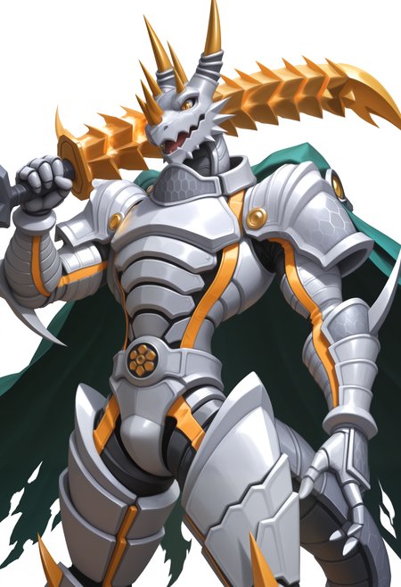 masterpiece,best quality,amazing quality, 1boy, solo, sl4y3r, digimon (creature), green cape, cowboy shot, sword_over_shoulder, 