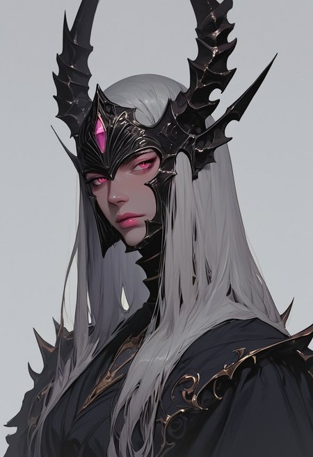 in the style of Yoann Lossel, Marc Simonetti, illustration, zPDXL3 , score_9 , score_8 , score_7 Imagine a full-face helmet that radiates strength and mystique, crafted with divine warrior-like qualities. The helmet is completely encased in a sleek, gleaming silver, with a mask that imitates human features, creating a haunting yet noble visage that conceals the wearer's face entirely. The eye slits are narrow and intense, enhancing the helmet's commanding presence. Intricate gold engravings glowing on twisted horns of the helmet and adorn the silver surface, resembling flowing wind or celestial patterns, which add an ethereal touch to the design. Majestic, curved wings extend gracefully from either side, crafted from the same polished silver, accented with golden highlights that catch the light, giving the impression of movement, as if the wings could lift the wearer into the skies. Draped from the lower edge of the helmet is a luxurious chainmail coif, cascading over the shoulders in shimmering interlocked rings of silver, providing both protection and elegance. This combination of silver and gold, along with the complete concealment of the face, creates a helmet that speaks of a warrior chosen by fate, exuding awe and reverence with every movement. visible mouth