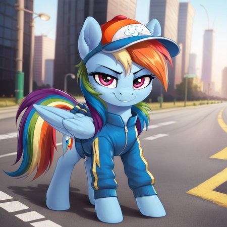 score_9, score_8_up, score_7_up, score_6_up, score_5_up, score_4_up, pony, g4, solo, rainbow dash, cap, skirt, jacket, happy, smile, city, road, look at you, full body, black background, detailed fur, cute, glare, high res, lidded eyes, detailed face, detailed face