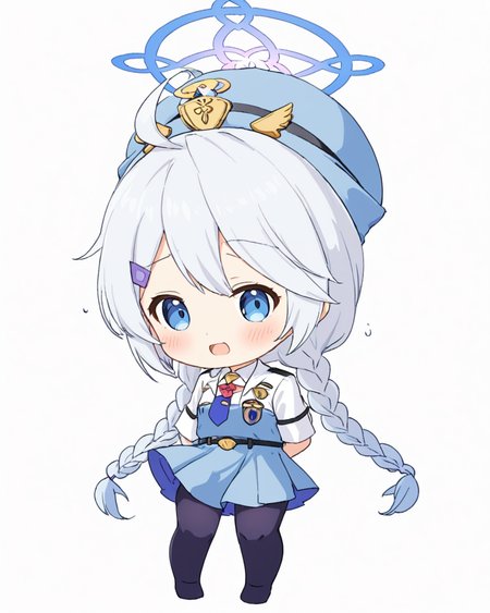 kirino \(blue archive\),1girl, halo, twin_braids, solo, white_background, handcuffs, wariza, open_mouth, hairclip, simple_background, hat, full_body, chibi, looking_at_viewer, tears, belt, blush, ahoge, black_pantyhose, blue_necktie, flying_sweatdrops, blue_skirt, shirt, blue_headwear, white_footwear
<lora:kirino_(blue_archive)_image172_2023-12-01:1>halo. gorgeous,key visual, vibrant, studio anime,award-winning, professional, highly detailed,high budget, cinemascope