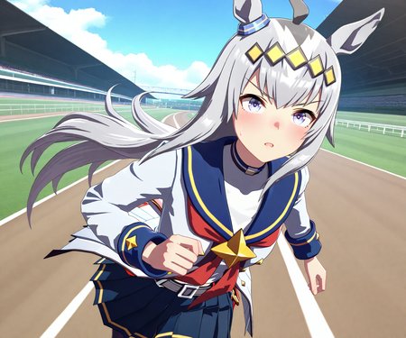 masterpiece, best quality, amazing quality, , 1girl, solo,  racetrack, running,  <lora:Oguri Cap in game style 3D ILL-v2:1> ummsmingame, 3d, oguri cap \(umamusume\),