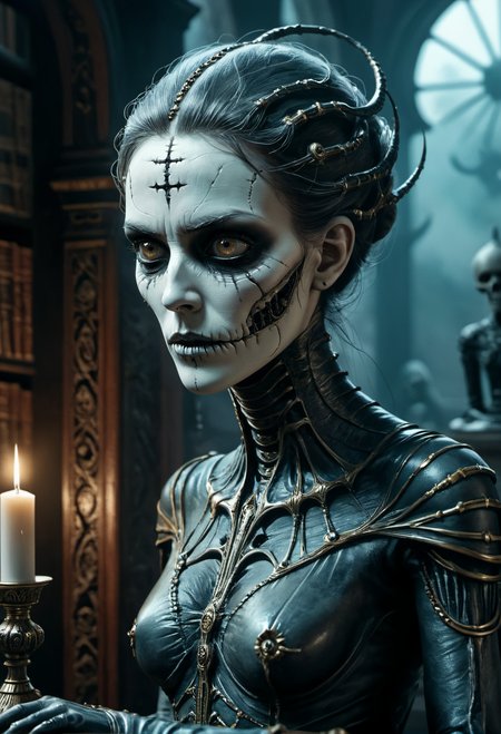 cinematic film still Surreal horror style by grim Sophia Rapata and h.r. giger,surreal abstract art,a female ghoul haunting a ancient library of an evil magician,ghostly garments,bandages,undead woman,depth of field,unsettling,asymmetric abnormalities,surreal masterpiece,insanely detailed,insane imagination illustrated,sharp focus,creepy,never before seen art of an evil mastermind,demented dream,<lora:Creat0rDet4ilz:0.7>,ziprealism, Ultra-HD-details, glow effects, godrays, Hand drawn, render, 8k, octane render, cinema 4d, blender, dark, atmospheric 8k ultra detailed, cinematic, Sharp focus, big depth of field, Masterpiece, 3d octane render, 8k, concept art, trending on artstation, hyperrealistic, extremely detailed CG unity 8k wallpaper, trending on CGSociety, Intricate, High Detail, dramatic . shallow depth of field, vignette, highly detailed, high budget, bokeh, cinemascope, moody, epic, gorgeous, film grain, grainy