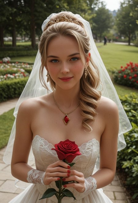score_9, score_8_up, score_7_up, score_6_up, 
1girl, 25 years old, perfect face, (adult), sexy,
blue eyes,
long hair, blonde hair, sidelocks, drill ponytail,
gold crown, gold jewelry, earrings, necklace, red gem, 
wedding dress, lace, bridal gauntlets,
wedding, park, green garden, holding roses, 
blush, shy smile, 
looking at viewer, dynamic angle, depth of field, detailed hands, red nails,