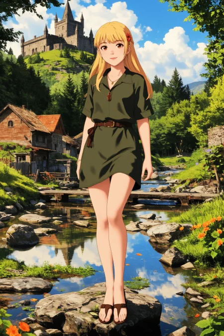 Mongolian lob strawberry blonde hair (young woman), (druid:1.2), anime, illustration, (extremely detailed), (portrait), (standing:1.2), (happy smile), flower in hair, glossy lipstick, celtic necklace, oval earrings, loincloth, (sandals),  Olive Green (druid short dress), (legs), heels, (sharp focus),  fantasy, (beautiful celtic landscape:0.9), (small rock:0.9), (moss:0.4), (ripples, reflections:0.8), celtic  castle, (small river small pond:0.5), druid forest, (druid village:1.2), (stunning nature environment:0.8), (enchanted land:0.5), clovers, (Bright Orange flowers:0.9), leaves,bright (sunny sky), (sunset:0.3), best quality, colorful, wet floor, raytracing, hdr, high contrast, ethereal natural lights, backlight, (lens flare:0.4), shadows, (vibrant colors, colorful):0.6, pretty, beautiful, happy, smiling, feminine, sexy, lovely, in love, adorable, fashion,  <lora:Hand v2:1> <lora:Anti-Blur:1> <lora:RetroAnimeFluxV1:0.4> <lora:Luminous_Shadowscape:0.4>  <lora:SujatmikoArafuru_Flux:0.2> Suzume style