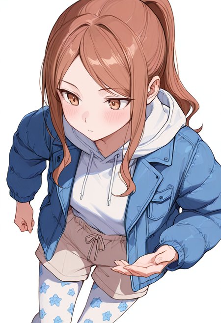 masterpiece,high quality details, absurdres,
 <lora:Aona:0.8> aona_cnr, 1girl, brown hair, long hair, ponytail, brown eyes,, simple background, white background, from above,solo,, flustered,expressionless,, confident stance,casual vibe,other hand reaching forward,, parka  ,blazer ,board shorts,  ,print pantyhose,