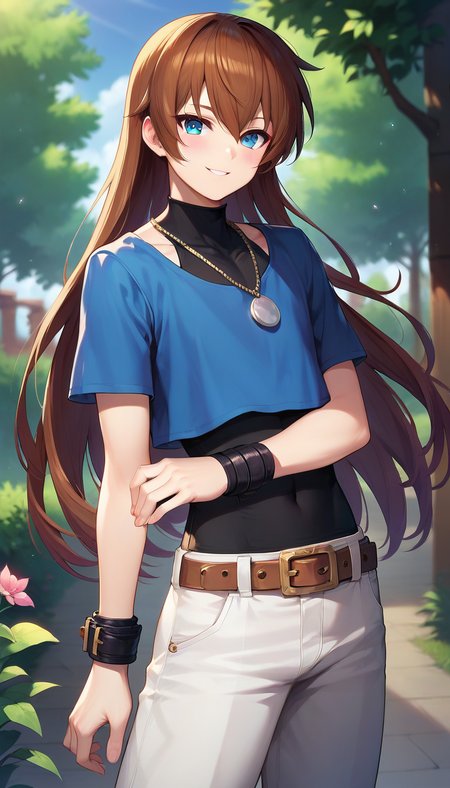 score_9,score_8_up,score_7_up,score_6_up BREAK official art,1girl,solo,outdoors,cowboy shot,looking at viewer,facing viewer,smile,blush,androgynous,Chris,very long hair,brown hair,sidelocks,hair between eyes,bangs,blue eyes,jewelry,necklace,blue shirt,turtleneck,black vest,vest covered navel,short sleeves,wristband,bracelet,large breasts,groin,brown belt,white pants,pants rolled up,black socks,blue boots,<lora:Chris(kof)-Pony:1.4>,