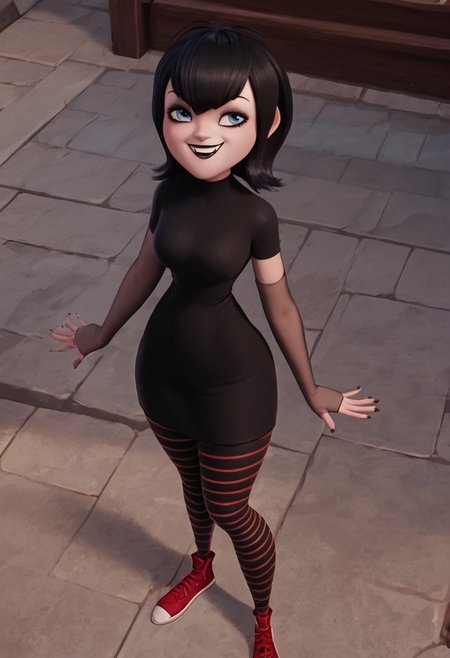 score_9, score_8_up, score_7_up, ultra quality, solo, 1girl, black hair, short hair, blue eyes, fangs, black lips, black nails, black dress, grey elbow gloves, striped pantyhose, red sneakers, smug smile, hips focus, breasts, big hips, huge butt, bubble butt, curvy, narrow waist, standing, looking to the viewer, view from above, close up, screencap