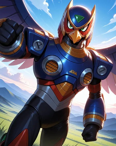 <lora:Storm_Eagle_(Mega_Man_X)_(Illustrious)_(AD):1> Storm Eagle, reploid, MMX, 
exterior, blue sky with clouds, mountains, valleys, grassy valley, 
dutch angle, dynamic action, cowboy shot, 
male focus, intense shadows, dynamic shadows, intricate details, attention to details, gradient coloring, robot, beak, 
BREAK very awa, masterpiece, best quality, amazing quality, very aesthetic, highres, absurdres, 
EZRealPONYXL, zPDXL, Smooth Quality, lazynsfw,