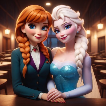 score_9, score_8_up, score_7_up, score_6_up,realitic, indoor,Starbucks,disney style,2girls is kissing,boobs to boobs,looking at viewer,Embrace,together,  anna,elsa,<lora:Anna-Elsa-Dalle3-2:0.7>,<lora:Photo 2 Style SDXL_LoRA_Pony Diffusion V6 XL:0.7>
2girl,anna, two braid,White T-shirt, 
2girl,elsa,blouse,(suit:1.2) ,