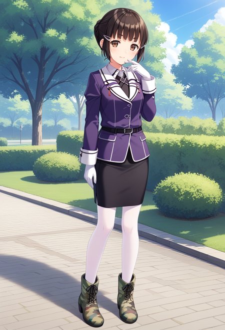 solo, full body, park, standing,  <lora:KC_03HC_myoukou_pony:1> myoukoukc, black_hair, short hair,  hair bun, single bun, short eyebrows, single braid, brown eyes, sidelocks,      myoukoukaikc, purple_jacket, military uniform, white shirt, white gloves, long sleeves, black skirt, pencil skirt, white pantyhose, camouflage boots,, score_9,score_8_up, score_7_up, source_anime, masterpiece, best quality,  official art, official style, game cg, megami magazine, rating_safe, rating_questionable, <lora:Fixhands_anime_bdsqlsz_V1:0.75>, NEGATIVE_HANDS