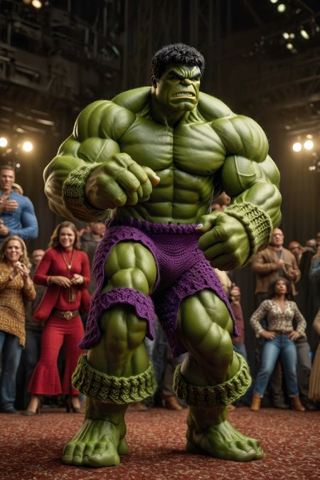 <lora:Sacha Goldberger Style:1>, <lora:CROCHETED:1> CROCHETED, Sacha Goldberger Style -High-resolution photographic image of Hulk, solely in a crocheted outfit, showcasing intricate textures and patterns. Cinematic lighting highlights his high-end, wide, flowing attire. Hulk gazes directly at the camera with sharp, intense eyes. The image is photorealistic and ultra-detailed, rendered in 8k. Hulk stands on a San Diego Comic Con stage convention hall, large crowd, excitement, lots of people., the atmosphere is vibrant and lively. (Comic Action Pose:1.5), (Dynamic Camera Angle:1.3),