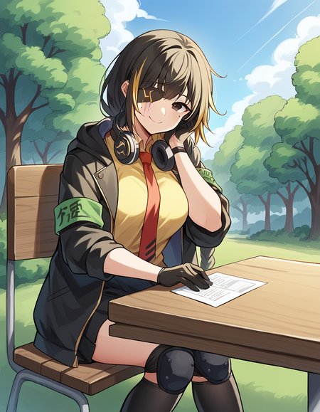 score_9, score_8_up, score_7_up, source_anime, <lora:girlsfrontline-m16a1-ponyxl-lora-nochekaiser:1>, m16a1, black hair, long hair, black eyes, streaked hair, yellow hair, bangs, braid, braided ponytail, eyepatch, mole, mole under eye, scar, scar on face,, armband, asymmetrical legwear, black gloves, black jacket, black legwear, black skirt, buttons, gloves, headphones, headphones around neck, hood, hooded jacket, jacket, knee pads, necktie, skirt, strap, unevent legwear, shirt, yellow shirt, hood down, mature female, medium breasts,, bike ride, countryside, dirt road, trees, afternoon sun, peaceful, alone, smile, sitting, head rest, table,, looking at viewer, solo,, dutch angle, cowboy shot