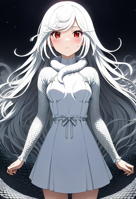 source anime, anime style, official art, "Sengoku Nadeko wrapped by a pale white snake around her neck, glowing under soft, eerie lighting, surrounded by detailed scales, mixed with a surreal and unsettling atmosphere, photorealistic textures." white_hair, red_eyes, medium_hair, snake_hair, small_breasts, WHITE DRESS, <lora:SDXLFaeTastic2400:0.4> <lora:extremely_detailed:0.4> extremely detailed, <lora:sn4ke:1>,sn4ke, Masterpiece,best quality,hi res,8k,hi res,8k,award winning,(sharp focus, intricate, highly detailed), rating:safe