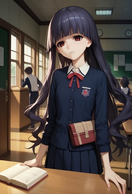score_9_up, score_8_up, score_7_up, source_anime, extreamly detailed, beautiful detailed face, complex detailed background, completely clothes, BREAK, 
KIRISHIKI SUNAKO, SHIKI FORM, student uniform, class room