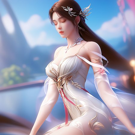 <lora:ponyhuolinger1v:1>,score_9,score_8_up,score_7_up,a highly detailed cgi, (computer-generated imagery), rendering of a young woman with a serene, almost ethereal expression, she has long, straight, dark brown hair that cascades down her back, adorned with a delicate, silver hair accessory that resembles a hair vine, her skin is fair and smooth, with a slight blush on her cheeks, suggesting a sense of calm or tranquility, she is wearing a sheer, white, long-sleeved dress with intricate, gold and pink floral designs, the dress has a high neckline and a plunging neckline, accentuating her slender physique, the fabric appears to be made of a soft, flowing material that drapes elegantly around her, the background is a blurred, gradient blue, suggesting an outdoor setting with a hint of greenery, the lighting is soft and diffused, enhancing the ethereal quality of the scene, the overall style is realistic with a touch of fantasy, emphasizing the delicate beauty and ethereal beauty of the subject