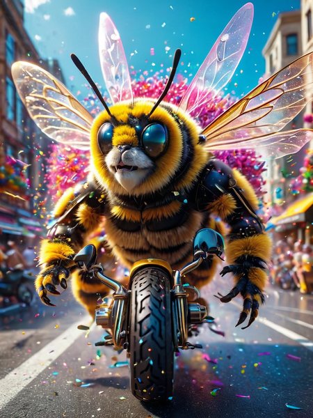A high definition epic photograph of ((38. A bumblebee buzzing around flowers with big googly eyes and an exaggerated joyful expression.  Launching confetti cannons from the back of a moving motorcycle: Riding through town at high speed while showering everyone in colorful confetti, yelling, âParty time!â)).Heatwave: Prolonged periods of excessively high temperatures lead to discomfort and health risks for vulnerable populations.(dynamic:1.1), sun rays,, (taken by 7.5mm fisheye lens:1.1),shots exaggerated emotions. Manic expression
 = ((Vivid, HDR, Canon50, 8K, Hyper Realistic, Dramatic, Epic, Dynamic Contrast, Cinematic Lighting, increased brightness)) (((Zoomed Out, Far away Shot))) = =. Epic dynamic lighting . =vibrant, highly detailed, psychedelic
((Vivid, Epic, Dynamic contrast)) (((Zoomed out, Far away shot, In frame)), 
<lora:juggernautXL_version6Rundiffusion:0.8> <lora:crystalClearXL_ccxl:0.8>
<lora:atlantysUltimanimeXL_atlasAtlantys:0.8><lora:epicrealismXL_v5Ultimate:0.8>
<lora:extremely_detailed:1><lora:realvisxlV40_v40Bakedvae:0.8>
<lora:glowneon_xl_v1:0.6> glowneon, glowing, sparks, 
 <lora:rainbow_iris_v2:0.8> raibow eyes, rainbow eyes, no humans, fractal iris, - Generate images with sharp edges and fine details.
- Produce high-resolution images with no blurriness or distortions.
- Create images with clear and well-defined subjects.
- Ensure that the output images have crisp lines and distinct features.
- Generate images with vibrant colors and accurate tones.
- Avoid noise or artifacts in the generated images.
- Focus on producing clear textures and patterns in the images.
- Emphasize clarity and definition in all aspects of the generated images.
- Prioritize the sharpness and clarity of the main subjects in the images.
- Optimize the AI model to produce clear and visually appealing images., Wlop
