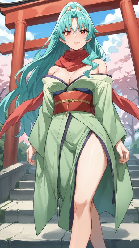 score_9,score_8_up,score_7_up,score_6_up, source_anime, zPDXL, <lora:xl_more_art-full_v1:0.5>, woman, dynamic pose, crossed legs, <lora:Tomoe  - Pony-000004:0.8>, green kimono, long hair, aqua hair, ponytail, red eyes, red scarf, red obi, torii, stairs, cherry blossom,