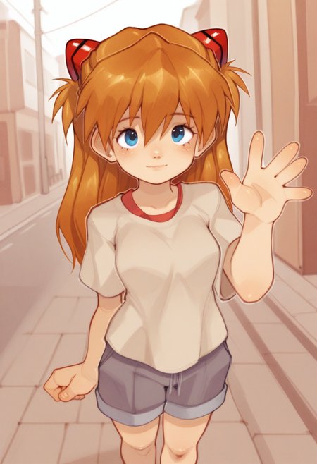 04N1M3R3style, masterpiece, best quality, solo,                                                                       asuka langley, looking at viewer, light smile, warm colors, street, sidewalk, shirt, shorts,  waving, wholesome,
