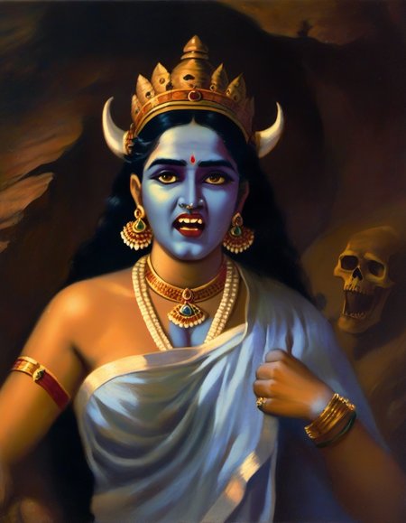 painting of scary demon goddess, sharp fangs for teeth, talons for fingers, blue skin, necklace of skulls, scary expression, horror imagery, emerging from a dark cave in the style of Raja Ravi Varma <lora:Raja_Ravi_Varma_Style_SDXL_LoRA:1>