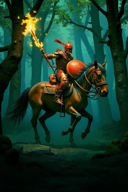 pascalblanche1 illustration. ivanbilibin1. A warrior riding a horse through a dense forest. He is carrying a shield and holding a flaming sword  <lora:pascalblanche1_cap_d8a4:1.0><lora:860266742251846746:0>