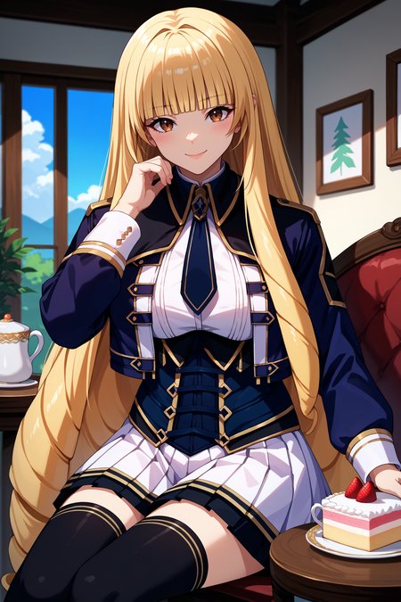 score_9, score_8_up, score_7_up, score_6_up, source_anime, 1girl, solo, <lora:roseoriana-pdxl-nvwls-v1-000006:1> r0se, blonde hair, very long hair, drill hair, blunt bangs, brown eyes, black jacket, cropped jacket, black necktie, white shirt, corset, white skirt, pleated skirt, black thighhighs, blue sky, big breasts, sitting, table, cake, teacup, looking at you, smile, blush, indoors, chair