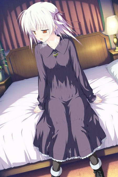 masterpiece,best quality,good quality,rating safe,memoriayume, ototsu_yume,hoshizora no memoria, 1girl, solo, white hair, long hair, hair ribbon, ribbon, red eyes, bangs, long sleeves, purple dress, black pantyhose, striped, black footwear,game cg,looking to the side,bedroom,blush,sitting on the bed,open mouth,heavy breathing,half-closed eyes