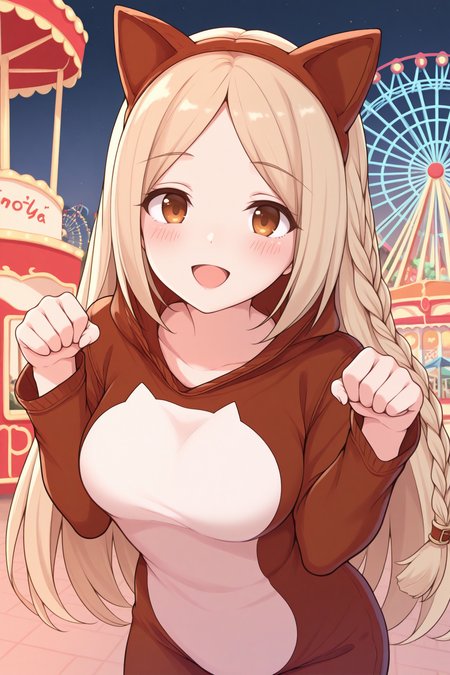 masterpiece, best quality, 1girl, solo <lora:ffovelia-illu-nvwls-v1-000006:1> pcovla, light brown hair, long hair, braid, amber eyes, cat ears, cat costume, paw pose, happy, open mouth, amusement park, ferris wheel, night sky, looking at viewer, blush, hands up