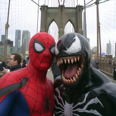 Spider-Man and Venom taking a selfie together, in front of th Brooklyn Bridge, taken by Kodak MC3 camera
