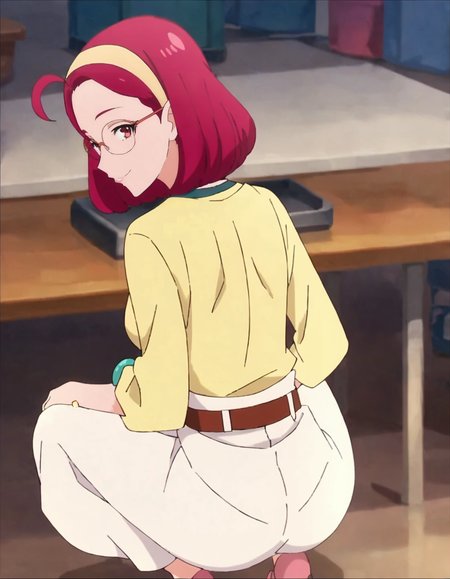 score_9, score_8_up, score_7_up, anime screencap, solo,1girl,hoshinaterumi, glasses, hairband, smile, belt,  looking at viewer,white skirt, jewelry, long skirt, bracelet, shirt, short hair, yellow shirt,  long sleeves,cowboy shot,medium breasts,from behind,squatting,ass<lora:hoshinaterumi:0.8>