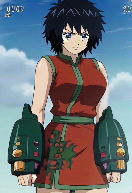 short black hair, blue eye, Scar on right cheek, red sleeveless outfit with green trim,, ,,,,,anime coloring, anime screencap , 1girl,Solo ,, anime,,PUFFY nipple,huge breasts,,, official art,,Uncensored ,Unedited ,,,, ,, ,, , ,,, ,, , ,,,
