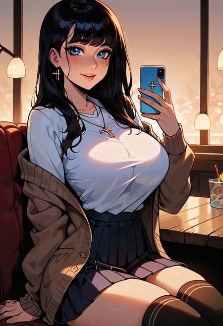 (zPDXL3),  source_cartoon,(masterpiece), (high quality), high resolution, 4K, ,(perfect face), 1girl, young woman,((Korean woman)), (black hair, styled hair,bangs, ,perfect blue eyes,freckles,simple makeup,slim thick, slim thick body, small waist, large breasts, very wide hips), beautiful, happy , BREAK, ((wearing an open cardigan, wearing a v-neck t-shirt,cross necklace,wearing a pleated skirt,thigh high socks)),BREAK, volumetric lighting, cinematic, vibrant, bright lighting, godrays, sunny day, daylight,BREAK,(in a cafe, sitting in a chair, holding a phone, looking up at viewer),(close up angle, upper body focus),