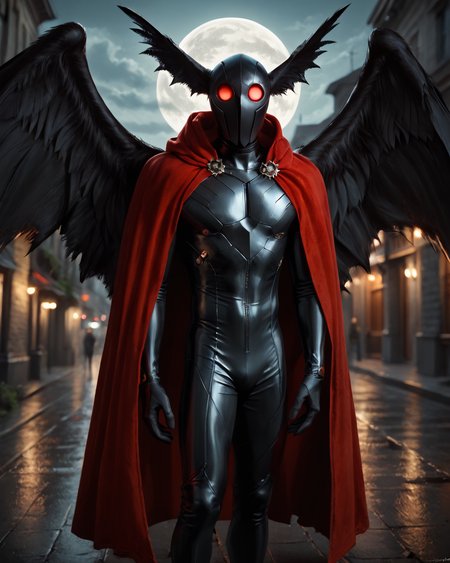 score_9, score_8_up, score_7_up, intricate details, rating_questionable,
<lora:homri52:1>
,
<lora:Mothman:0.8>, 1boy(Mothman, red eyes, black fur, wings, mouthless, looking at the viewer, solo, happy, 
red cloak, sleeveless tight bodysuit), outdoors, at night, darkness
,
4k,
detailed background, depth of field, 
<lora:ral-chrosc-clr:0.5>, ral-chrosc-clr,
<lora:Expressive_H:0.5>, Expressiveh,
<lora:xl_more_art-full_v1:0.3>,
<lora:add-detail-xl:0.3>,