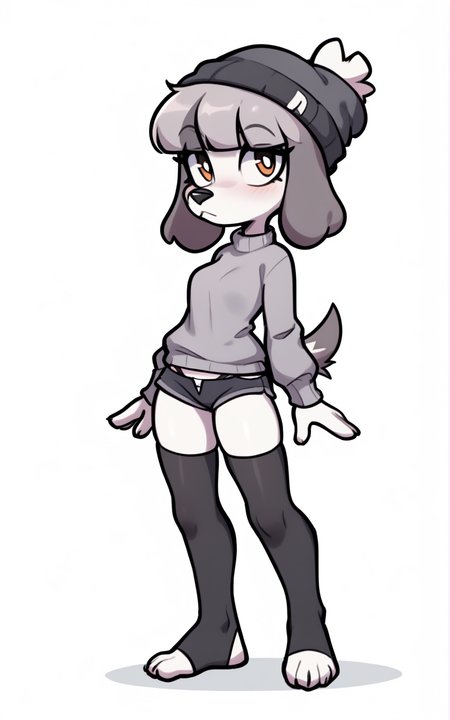 best quality, absurdres,full body, <lora:BolivanteStyleITS:0.8>,  <lora:FFITS:0.8>,FFITS,tail, animal ears, dog girl, dog tail,furry, furry female,white skin, white fur, dog ears,grey hair, thighhighs, underwear, panties, short shorts,beanie ,shorts,sweater,grey sweater,black shorts,black beanie,socks, black thighhighs, toeless,white background,standing,slim