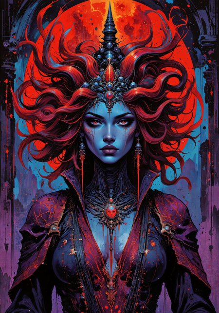 A luminous-scarlet cyber Medusa adorned in fantastical digital couture, shimmering plasma hair flowing, enigmatic eyes glowing with ancient mystic aura. Captivating, abstract futuristic portrait in vibrant neon accents, set in an alien archaic temple with intricate holographic patterns. Ethereal ambiance, stylized illustration, art nouveau fusion, dynamic fantasy-surreal design. Intricate layers, cosmic textures, technicolor silhouette, delicate yet powerful, exuding enchanting charm and enigmatic allure. Accessorized with futuristic filigree jewelry, celestial crystals, and avant-garde cybernetic ornaments. 8k masterpiece, high-detail, surreal feminine beauty, distinguished aura, regal poise, cosmic dreamscape, and contemporary tech allure. Vibrant color palette, modern meets historic futuristic elements, dazzling high-contrast mix of mystical neon energy and abstract futuristic motifs. <lora:Organic Sauce - FLUX:0.5> <lora:Illustration concept V1:0.1> <lora:aidmaFLUXPro1.1-FLUX-v0.3:0.6> <lora:zyd232_Ink_Style_Flux1D_v1_1:0.7> <lora:DND_GRAINYBOYZ_FG_FLUX_V2_ROMULUS_Lora:0.6> <lora:Semi-realisticPortraitPainting:0.4> <lora:aidmaWomanBodyTattoo-FLUX-V0.1:0.3> <lora:aidmaGothGirl-FLUX-V0.1:0.3> <lora:flux_dev:1>