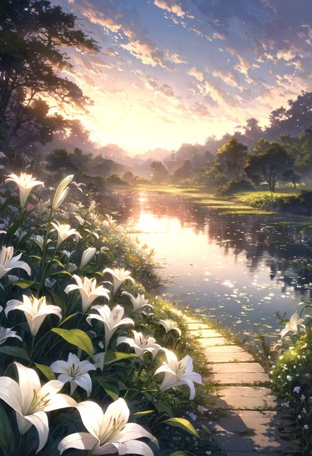 detailed background,( Calm spring night landscape), amongst lush greenery, beautiful view, lily flower in full bloom, lily flower, early morning, sunrise sky, beautiful clouds, dappled sunlight, beautiful, Tranquil Lake, Walkway, petals dancing in the wind, depth of field, masterpiece, best quality, ultra-detailed, very aesthetic, illustration, perfect composition, intricate details, absurdres, moody lighting, wisps of light, no humans,