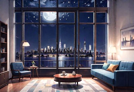 ((front view)), Shallow scene, ((animation style)), modern-style interior, with white walls, (large windows), a  study, Sofa, coffee table, bookcase, single wall, 
Warm lights, quiet and mysterious night sky, starry sky, moonlight, city night view, (City high-rise building scenery), (City scenery outside the window)