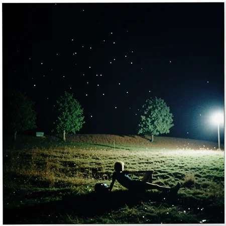 psychotomimetic, amateur photography, landscape, sparkling black junior, resting, naive art, Exact, shot on film, Canon camera