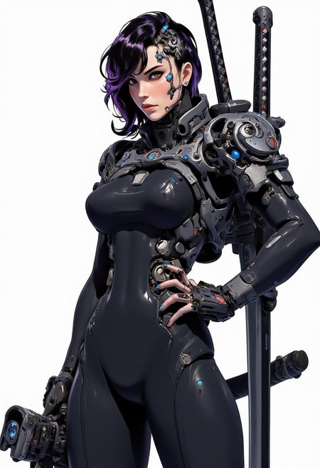 An asian-american woman in her late twenties in a tight black body suit, with assymetrical black hair with purple and blue highlights on one side. She has one cybernetic eye, it glows blue. She is lithe and graceful but also full bodied, in a tight black combat suit. She has a katana on her back and she is looking at the camera in a sultry pose