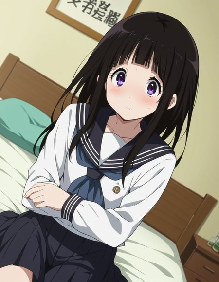 score_9, score_8_up, score_7_up, source_anime,
eruchitanda, <lora:eru-chitanda-s1-ponyxl-lora-nochekaiser:1>,
eru chitanda, long hair, black hair, bangs, blunt bangs, purple eyes, sidelocks,
skirt, school uniform, serafuku, kamiyama high school uniform \(hyouka\), black skirt, long sleeves, black sailor collar,
indoors, bed, bed room, on side, blush, drunk,
looking at viewer, cowboy shot, dutch angle,