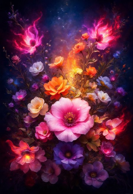 vibrant orange Bleeding Hearts flowers and glowing red butterflies against a pitch-black background Painterly,  surreal, vibrant glow, bokeh, 8k,Pink Roses, purple_flower,pink_flower,white_flower,yellow_flower,grappe_flower