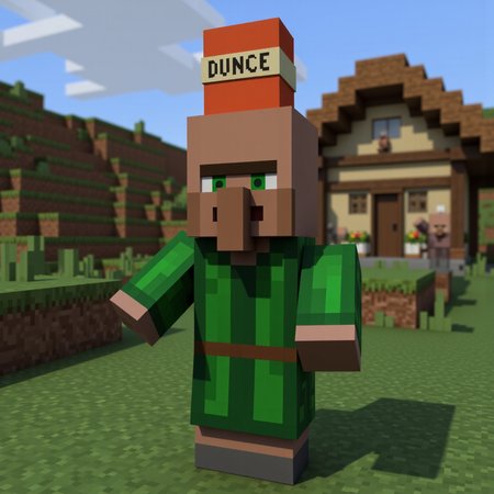 villager_mc, green robe. cone hat that reads dunce,
In the quiet corners of the Minecraft world, villagers live simple yet mysterious lives, their origins lost to ancient memory. Long before players ever arrived, these blocky folk built their scattered settlements from wood, stone, and faith in the old ways. Each villager, with their distinctive green eyes, broad noses, and solemn, blocky frames, carries on traditions passed down through countless seasons — farming, trading, and crafting the essentials of survival. They rarely speak, instead communicating through gestures and knowing looks, as if guarding ancient secrets about the world’s creation. Legends whisper that villagers were once great architects and scholars, who, after a forgotten cataclysm, chose a life of humble isolation. Their villages, cradled between mountains, forests, and plains, pulse quietly with life, protected by iron golems and bound by an unspoken pact with the land itself — to endure, to trade, and to remember.