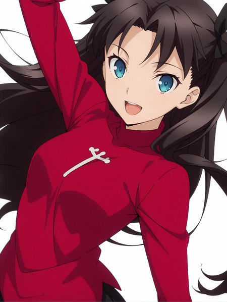 masterpiece,best quality,newest,1girl,solo,
anime screencap,<lora:T_Rin_ilxlv1.3:1>,t_rin,two side up,black hair bow,black hair,blue eyes,r_clothes,long sleeves,red shirt,
<lora:Fixhands_anime_bdsqlsz_V1:1>,looking_at_viewer,simple_background,white_background,upper_body,:d,standing,