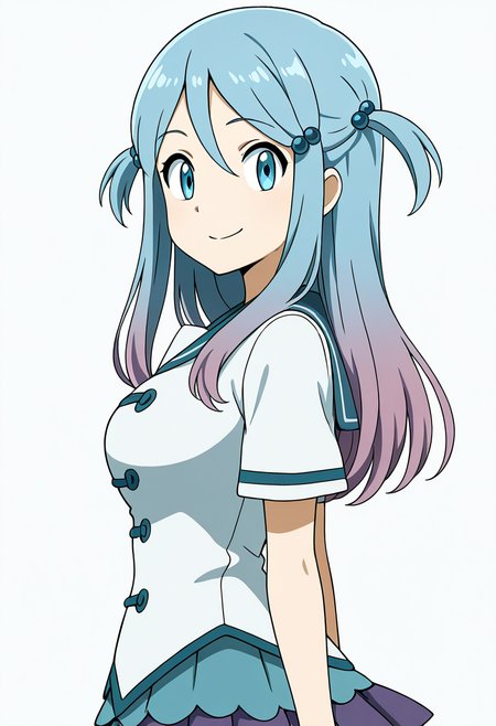 masterpiece, best quality, solo, curvy, beautiful eyes, large breasts, aged up, narrow waist, wide hips, 1girl, solo, smile, looking at viewer,   zzLazuli, blue eyes, hair between eyes, blue hair, gradient hair, hair bobbles, hair ornament, long hair, multicolored hair, two side up,  school uniform, serafuku, sailor collar, blue skirt, pleated skirt, short sleeves,   ,<lora:LazuliByKurumiErika_IXL:1.0>,  back arched, hips back, side view, smile, looking at viewer,
