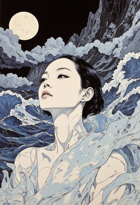 A highly stylized digitally drawn hyper-realistic artwork featuring an East Asian woman with a serene and contemplative expression, her porcelain-like complexion glowing softly under diffused lighting. Her short, slicked-back dark hair frames her delicate face, accentuated by ethereal makeup, with light blue eyeshadow that sweeps elegantly from her eyelids to her temples, giving her an otherworldly allure. She is draped in a translucent, semi-liquid material that resembles rippled glass or melting ice, cascading over her shoulders and chest with a fluid, organic texture that shimmers in the light. Her glossy skin reflects a radiant, dreamlike finish, harmonizing with the surreal elements of her attire. The background transforms into a captivating optical illusion: a roaring sea rendered entirely in black and white linear lines, its turbulent waves creating a mesmerizing sense of depth and motion. Above, the sky, clouds, and a luminous full moon are similarly crafted in black and white linear strokes, forming a visual art piece that blends seamlessly with the sea below. The juxtaposition of the dynamic, monochromatic backdrop with her tranquil presence and avant-garde styling creates a stunning interplay of natural beauty and surreal, futuristic artistry.