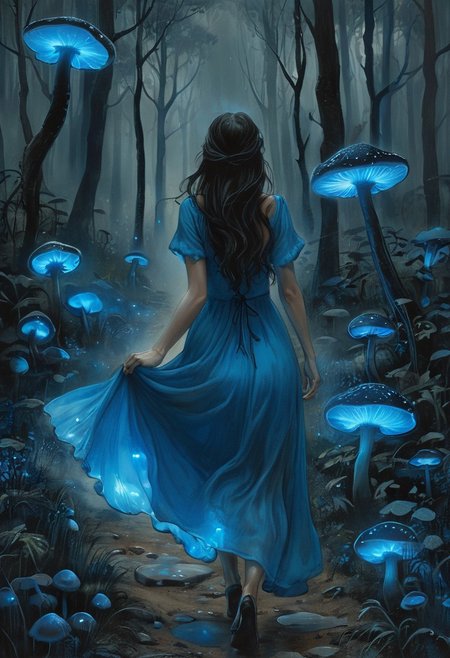 (water-colored), illustration, style of Jessica Galbreth,
(far view, far shot, rear view, facing away:1.3),
(Alice, woman walking on a trail, very long dark brown hair,  hair rim lighting, hair in the wind, blue maid dress with short sleeves, black tights, black shoes:1.5), 
fog, dreamy, dream,
(at night, raining, heavy rain, forest, blue glowing mushrooms, blue lights, blue glowing dress:2)