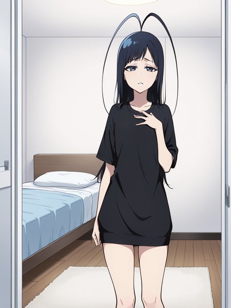 score_9, score_8_up, score_7_up,  
1boy, androgynous, giselle gewelle, blue eyes, black hair, long hair, antenna hair,
standing, black t-shirt, short sleeves, t-shirt dress, bare legs, indoors, bedroom, solo, looking at viewer, narrowed eyes, bags under eyes, tired, hand on own chest,

