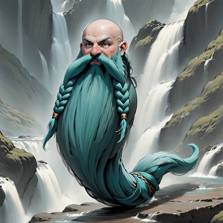 Harry_Dwarf,  medium shot,  long  Turquoise beard, braided moustache, bald, bangles, <lora:Harry_Dwarf_1.5:1>, Running next to a waterfall  <lora:add-detail-xl:0.8>