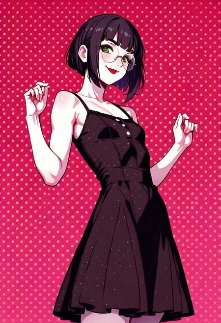 masterpiece, best quality, 32k, high resolution, absurdres,suzushiro, Polly, PollyRH, short hair, bobcut, black hair, bangs, green eyes, small breasts, almost flat chest, slim, pale skin, big round eyeglasses, clear eyeglasses lenses, red lipgloss, ((red-black) polka dots sundress) , makeup, smiling, closed mouth, sexy pose, ((black-red)polka dots background)