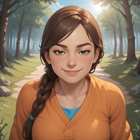 score_9, score_8, BREAK, solo, mii, wii, wii sports resort, female mii, 1girl, cute, brown hair, brown eyebrows, rectangle eyebrows, black eyes, sleepy eyes, half circle eyes, small nose, blush, :I, Hiromi_(\Wii_Sports_Resort\), breasts, Nintendo Mii, modern_mii, classic_mii, sexy pose, self portrait, smile, outdoors, sunlight, shadows, evening lighting, natural lighting, forest, trees, grass, orange sky, sunset