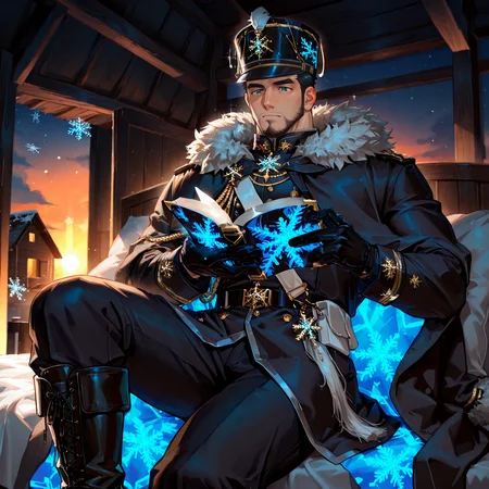 (sitting on a bed, sunset, backlight, orange sky, indoor, wooden house, bed sheet, pillow, reading a book)
<lora:face_Edwin__Alchemist_Code-000004:.7>, tagatameedwin, 1boy, black hair, dark blue eyes, short hair, solo, male focus, manly, bara, mature male, muscle body, shako hat, fur trim, snowflakes pin, coat, aiguillette, shirt, sash, gloves, glowing pattern, tassel, pants, boots,
cowboy shot, 
(very short hair, beard, bara, mature, facial hair, stubble, beard, full beard, sideburn, beard, a lot of beard, ), facial hair,male focus, muscular male, muscular male, bara, mature,  bara, mature, aixiwuganda_(20222192), very awa, masterpiece, best quality, absurdres, newest, perfect quality, detailed background, intricate details,
<lora:slider_Body Type_alpha1.0_rank4_noxattn_last:3><lora:Anime Summer Days 2 Style SDXL_LoRA_Pony Diffusion V6 XL:.6><lora:slider_cfg_scale_boost:.7><lora:Artist6p:.55>, Artist6p, Artist04p,<lora:slider_il_brightness_slider_d1:-1><lora:slider_il_contrast_slider_d1:-1><lora:slider_DarkSlider1.2_alpha1.0_rank16_full_300steps:-.6><lora:slider_contract_controller_illus01_v1:.5>,